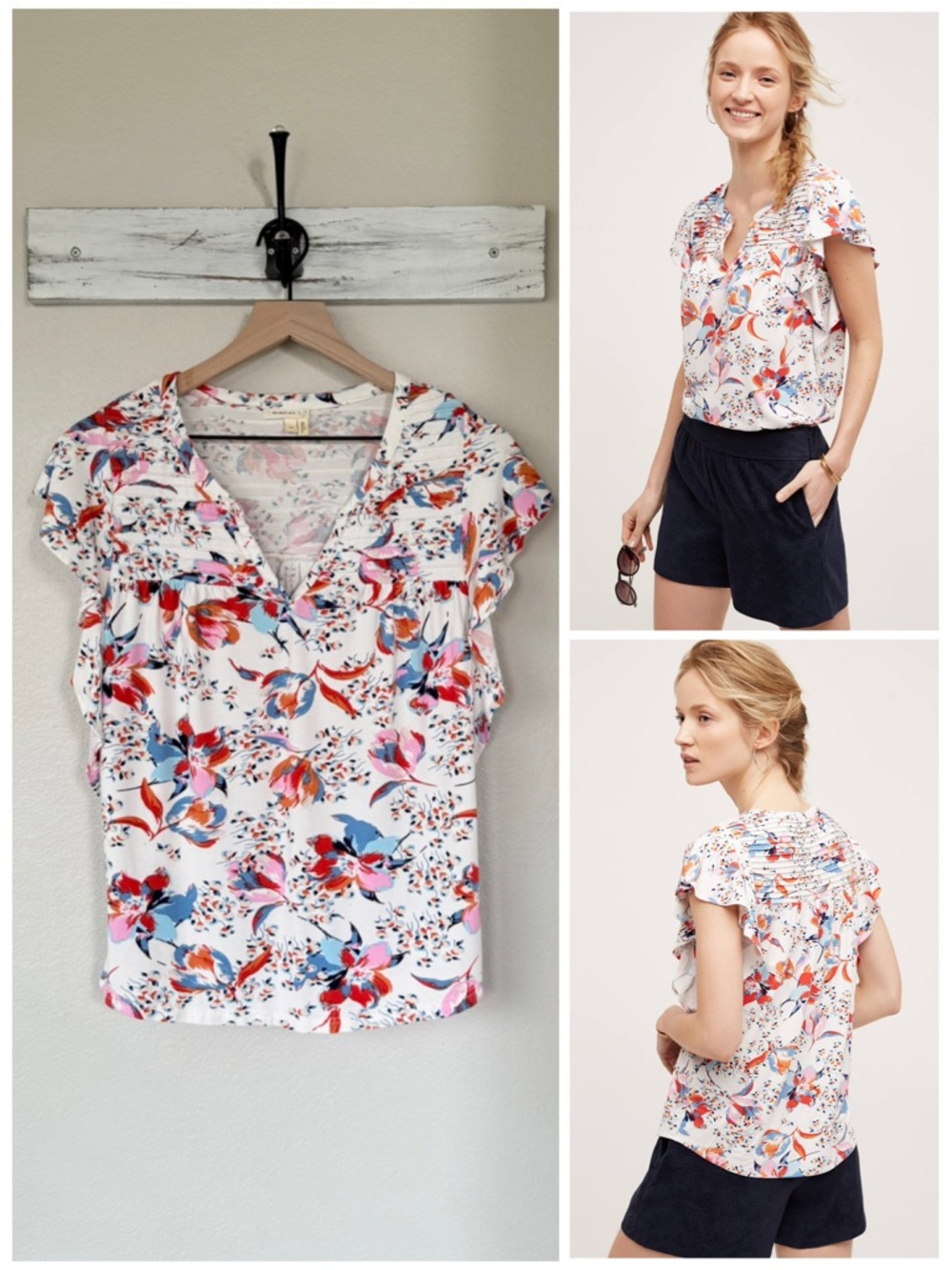 ANTHROPOLOGIE XS S Ridged Yoke Tee • Flutter Sleeve Pleated Floral Boho Top